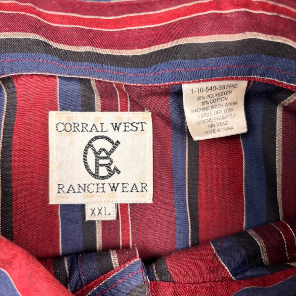 Corral West Ranchwear Mens XXL Striped Western Pearl Snap Shirt Red Blue 2XL - Picture 6 of 6